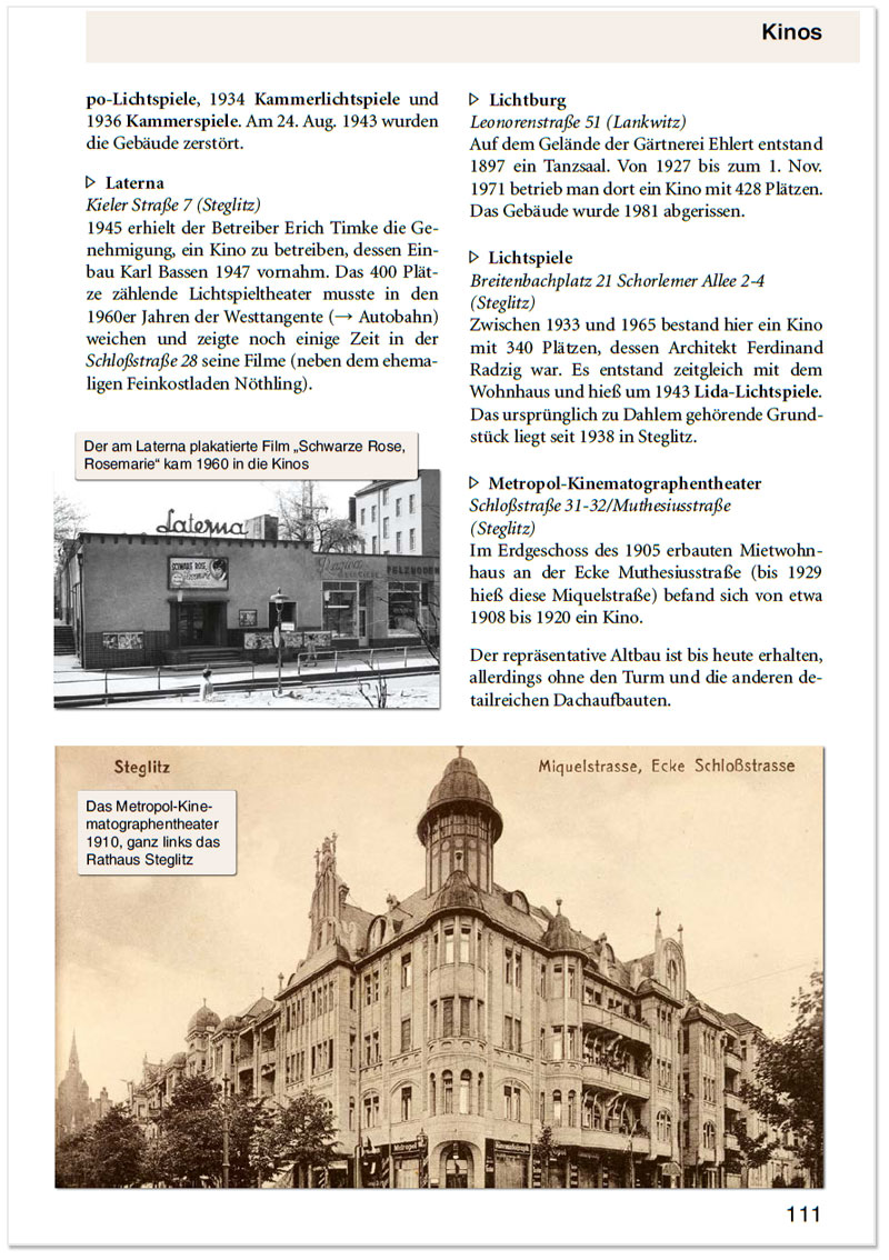 Steglitz-Lexikon: Kinos, Seite 111, Laterna, Lichtburg, Lichtspiele, Metropol-Kinematographentheater