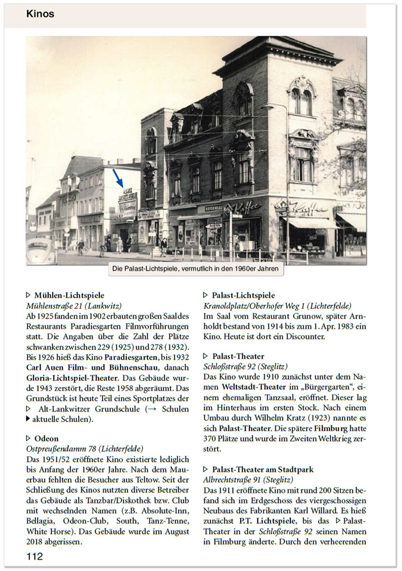 Steglitz-Lexikon: Kinos, Seite 112, Mhlen-Lichtspiele, Odeon, Palast-Lichtspiele, Palast-Theater, Palast-Theater am Stadtpark